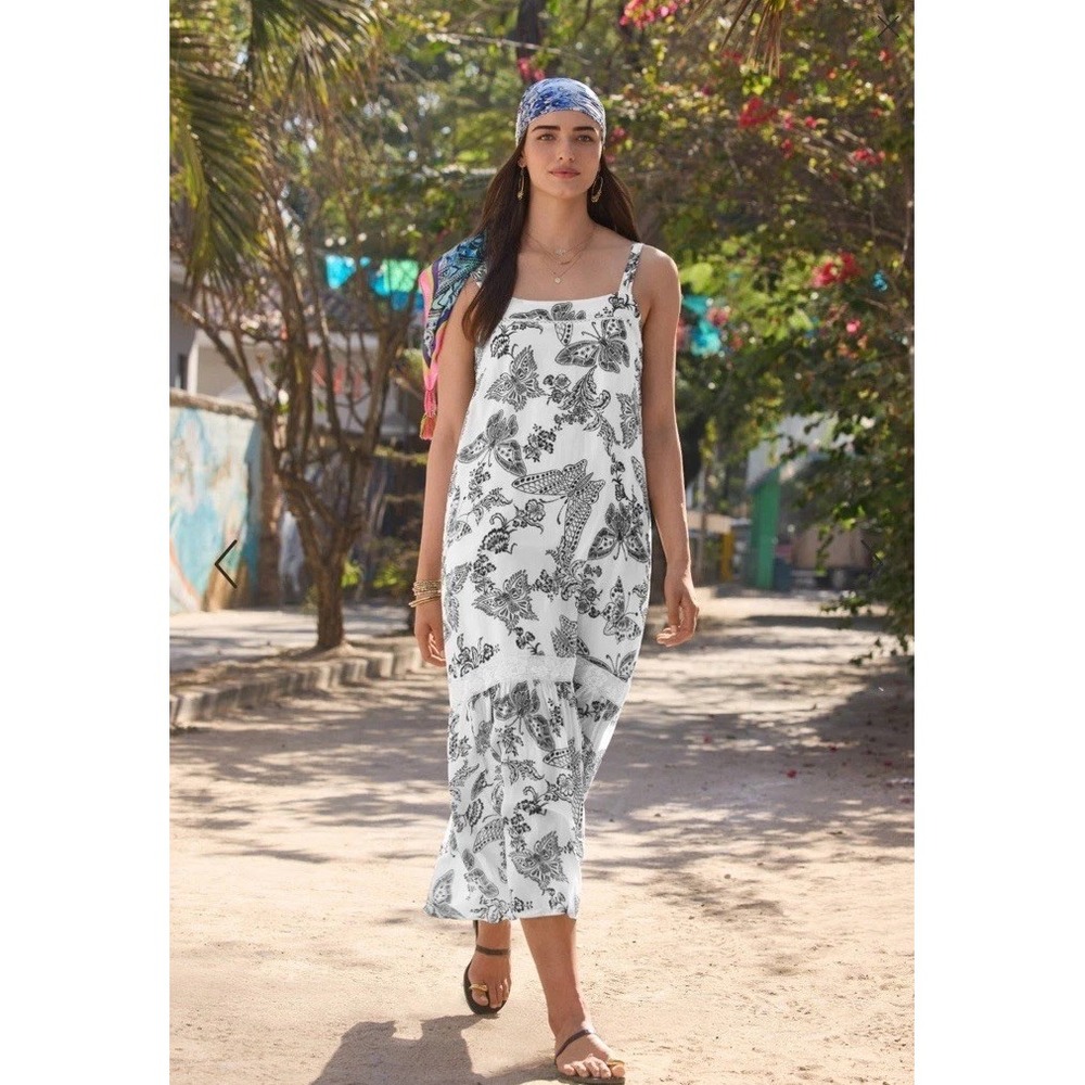 Johnny Was Finley Bohemian Black and White Butterfly Print‎ Maxi Tiered Dress S